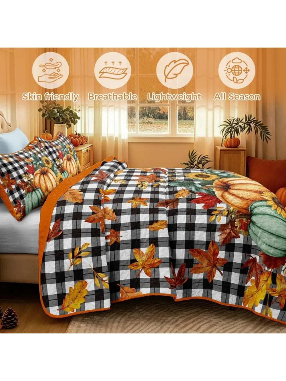 Cozy Fall Pumpkin Quilt Set Queen | Thanksgiving Bedspread for Autumn Decor